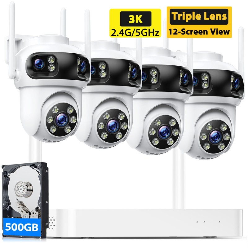 Security Camera System Wireless Outdoor 3K Triple-Lens WiFi Smart Home Camera