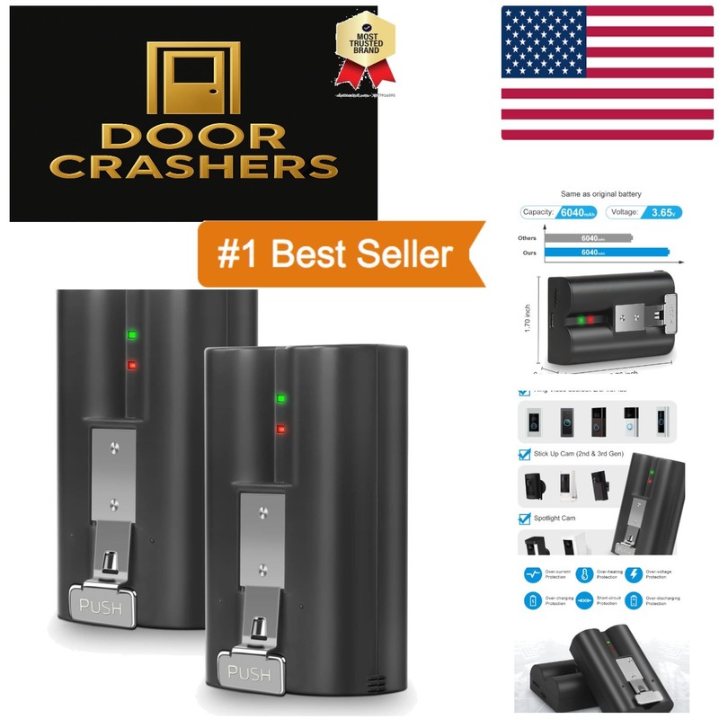 2-Pack Rechargeable Lithium-Ion Batteries for Ring Cameras & Doorbells – 6040mAh