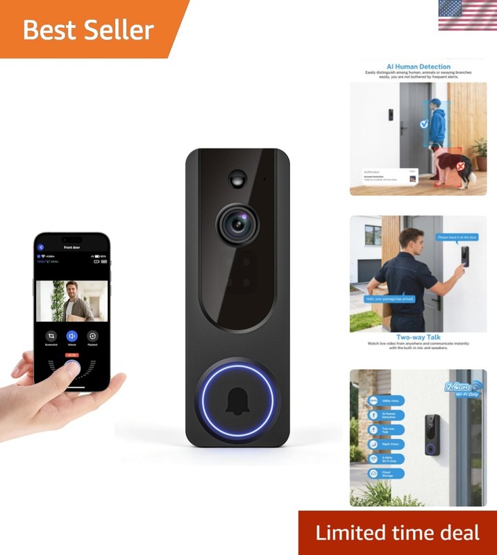 1080P Wireless Wi-Fi Doorbell Camera for Home Safety, Night Vision, 2-Way Audio,