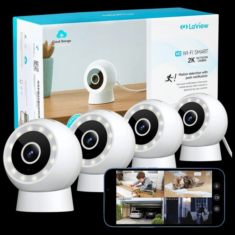 Set of 4 LaView Indoor/Outdoor 2K HD Smart Security Video Cameras w/ 2 Way Audio