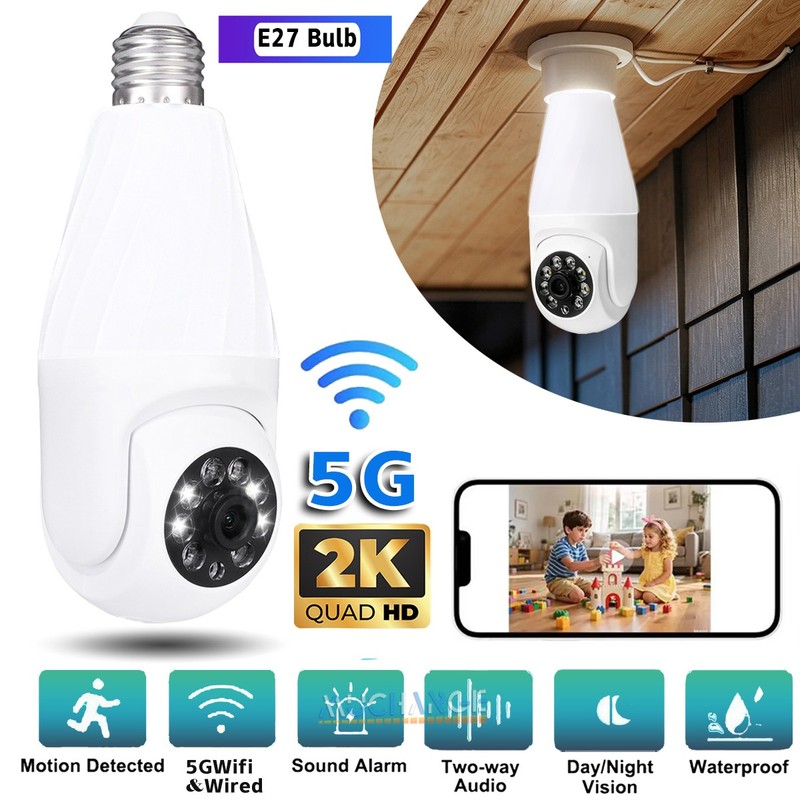 360° 2K E27 Light Bulb Security Camera Wi-Fi IR Night Vision Smart Home System