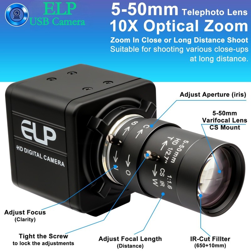 ELP Webcam with 5-50mm Varifocal Lens 13MP HD IMX241 High Resolution USB Camera gallery