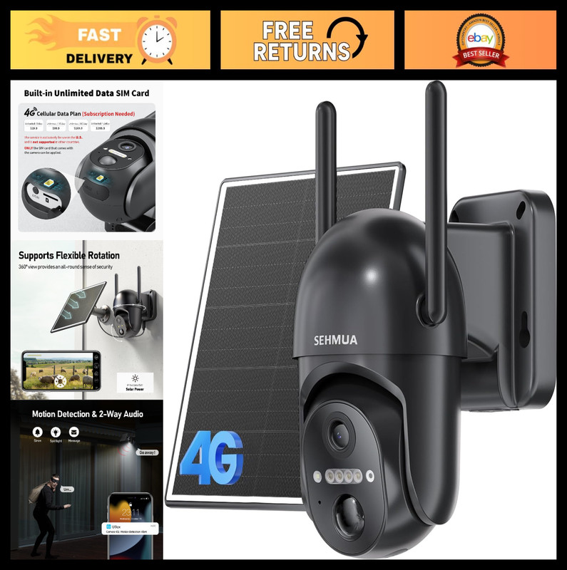 4G LTE Solar Security Camera – Wireless Outdoor, No Wi-Fi, 360° View, 2K Night V