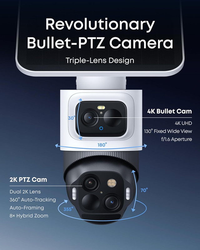 Security cam S4,4K Solar Camera Wireless Outdoor, 3-Lens Bullet-Ptz Cam, 360° Co gallery