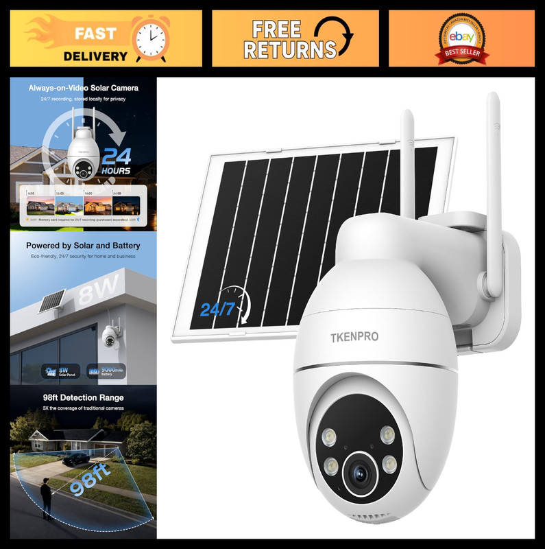 Wireless Outdoor Solar Security Camera, 24/7 Smart Recording, 2K Night Vision, A
