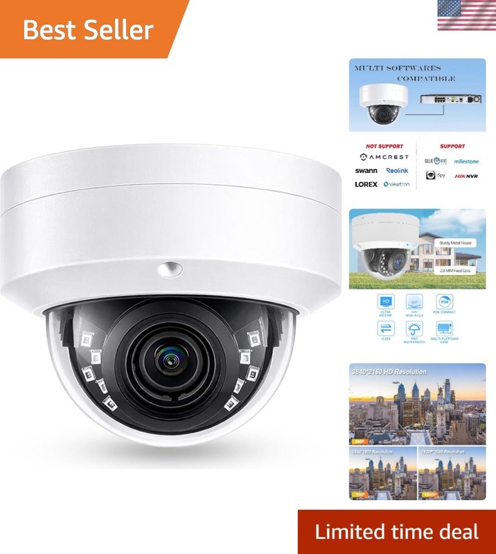Weatherproof 4K PoE Dome Camera with 98Ft Night Vision & H.265 Compression