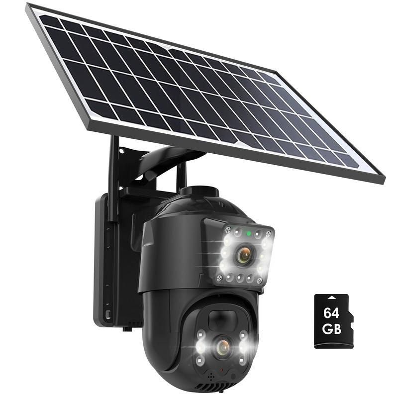 4MP Solar Security Camera Wireless Outdoor Dual Lens PTZ 2-Way Audio IP66+ 64GB