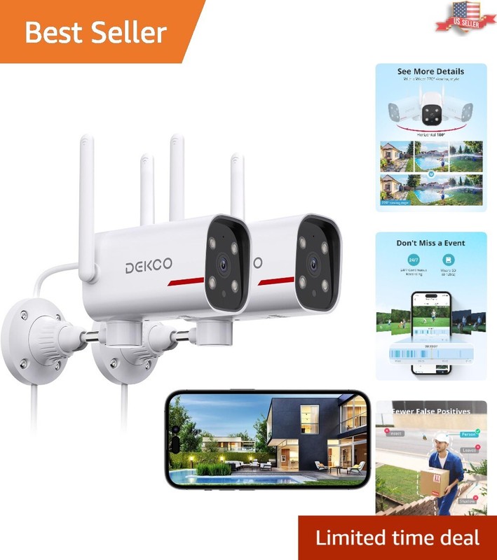 2 Pack Outdoor Security Camera – 2K Color Night Vision – AI Human Auto Tracking