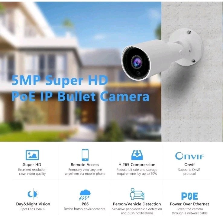 Tennoz 5MP PoE Outdoor Bullet Camera H.265, 2.8mm Night Vision