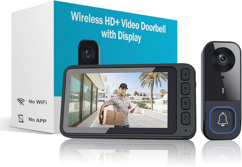 Wireless HD Video Doorbell with 4.5” Indoor Monitor, No Wifi or App Required, 2
