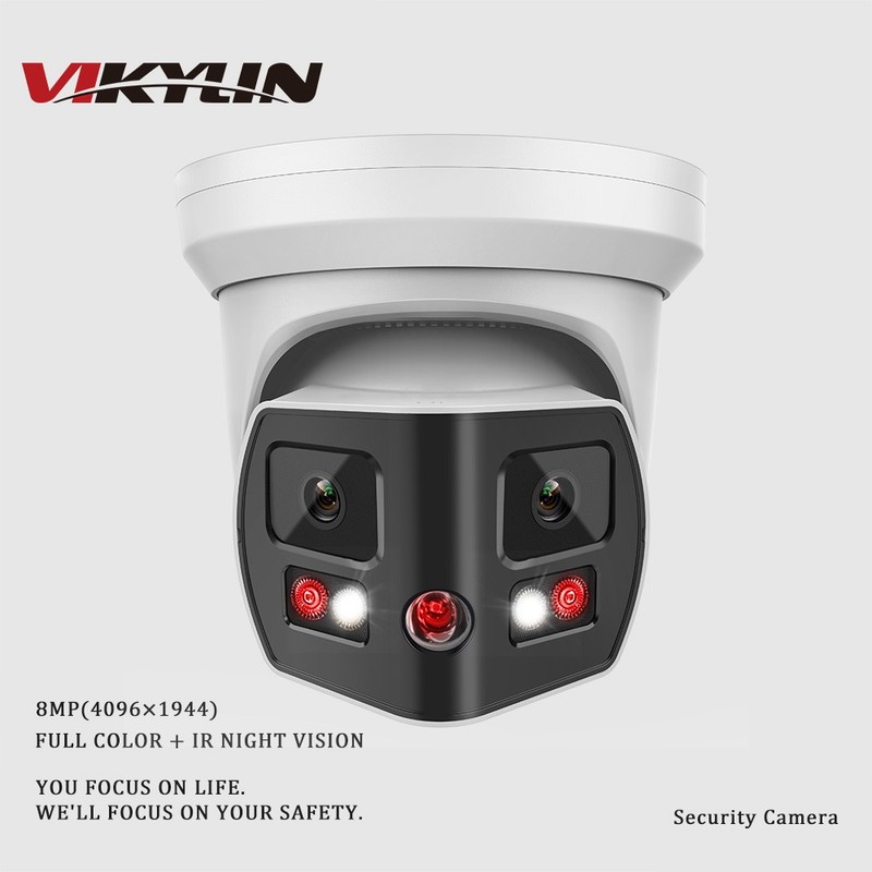 VIKYLIN 4K 8MP 180° Panoramic Turret Camera Dual Lens Full Color IR Built-in Mic