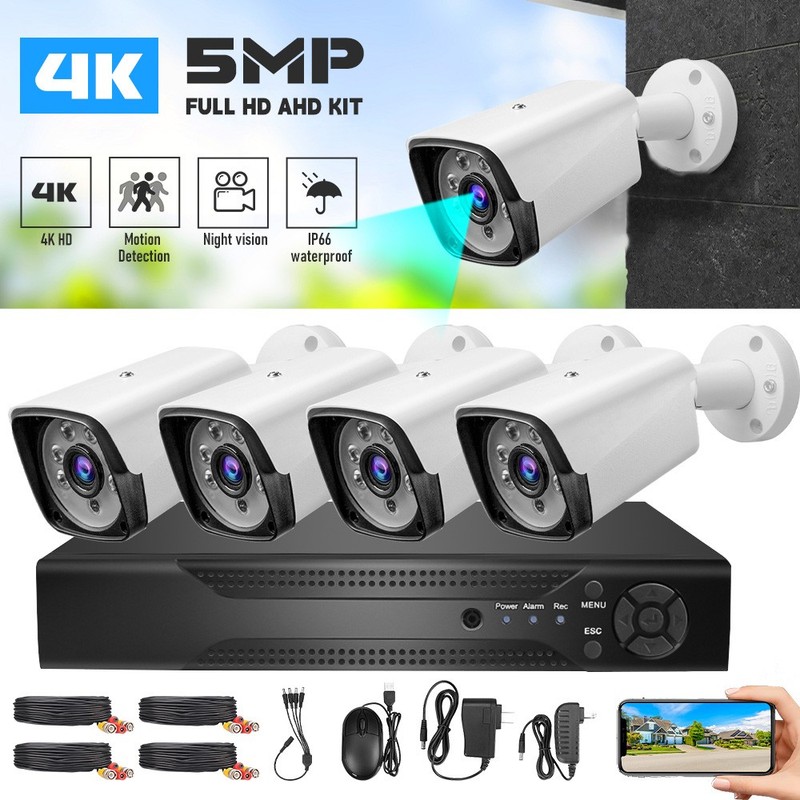 4 Camaras De Seguridad Exterior 5MP 4K Home DVD Con Vision Nocturna Video