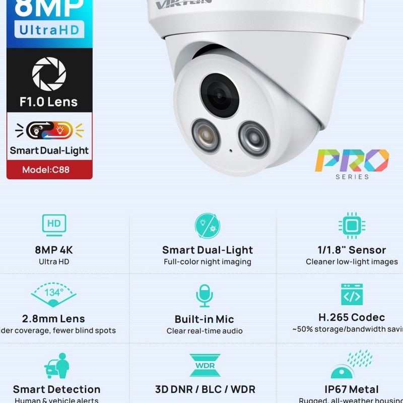 Vikylin 8MP 4K PoE IP Camera 1/1.8" Larger Sensor Full Color+IR Audio IP67 ONVIF gallery