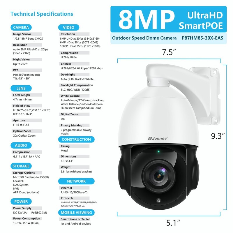 Jennov 4K POE PTZ Security Camera 30x Zoom 8MP AI Human Tracking Outdoor gallery