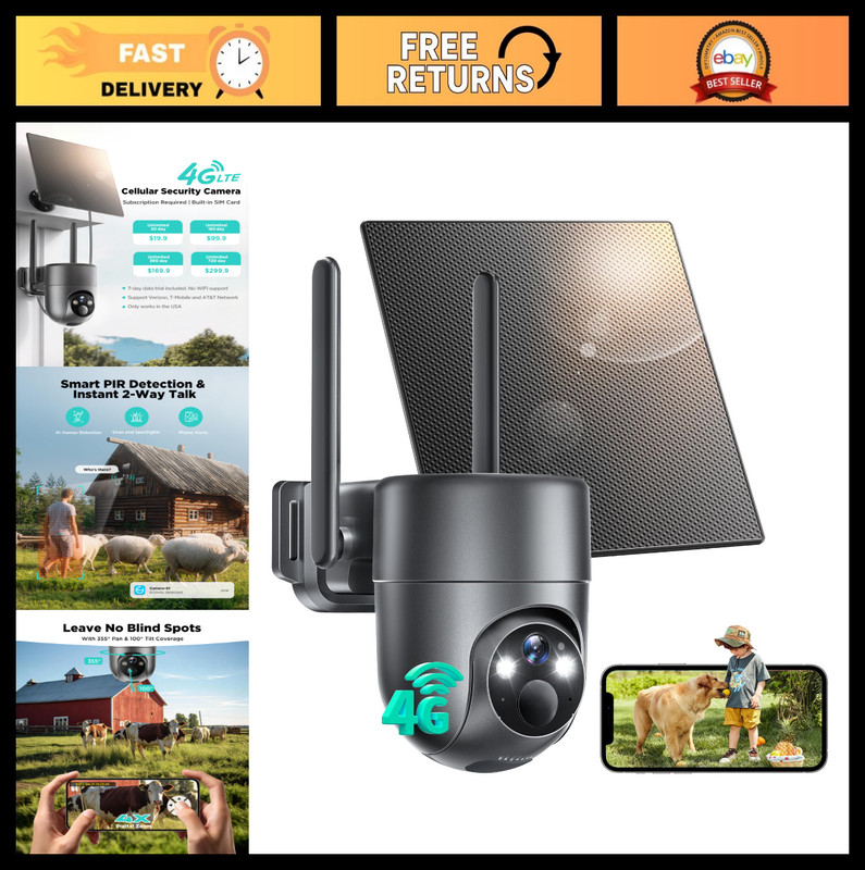 4G LTE Solar Powered Security Camera, No WiFi, 2K Night Vision, 360° View, PIR S