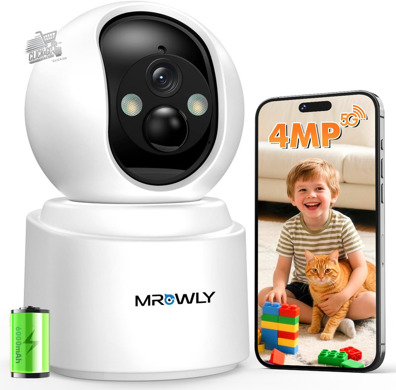 4MP 2.5K Wireless Indoor WiFi Camera with 6000Mah Battery, 360° Rotation