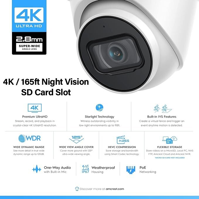 AMCREST 4k ULTRA HD, IP8MT2599EW 164ft NightVision, Weatherproof, SD CARD SLOT