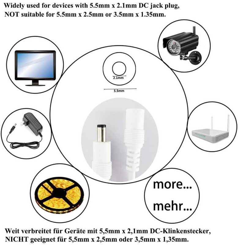 LitaElek 2pcs 1m 3.3ft DC Extension Cable 12V Cord 5V-24V White gallery