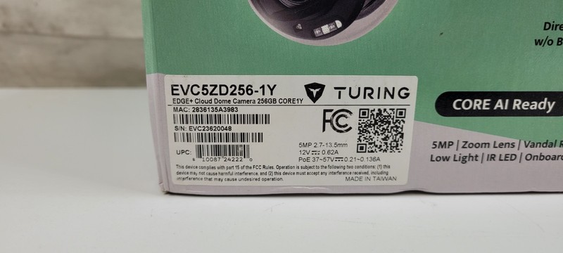 Turing EVC5ZD256-1Y 5MP Edge+ Cloud Dome Camera TV-CORE1Y VSaaS 256GB NEW gallery