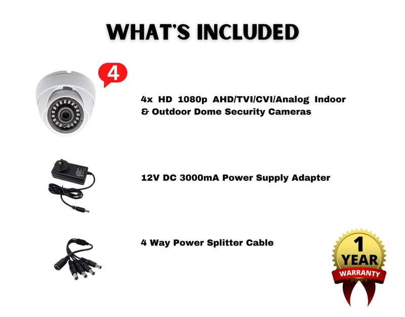 4x HD 1080P Dome Security Camera with Power Supply and 4 Way Power Splitter Wire gallery