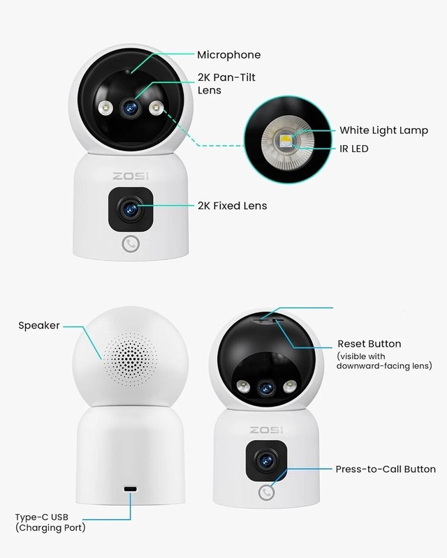 ZOSI 2K C528D 2MP+2MP Wifi 360° Views Pan/Tilt Security Dual-Lens Camera Audio gallery