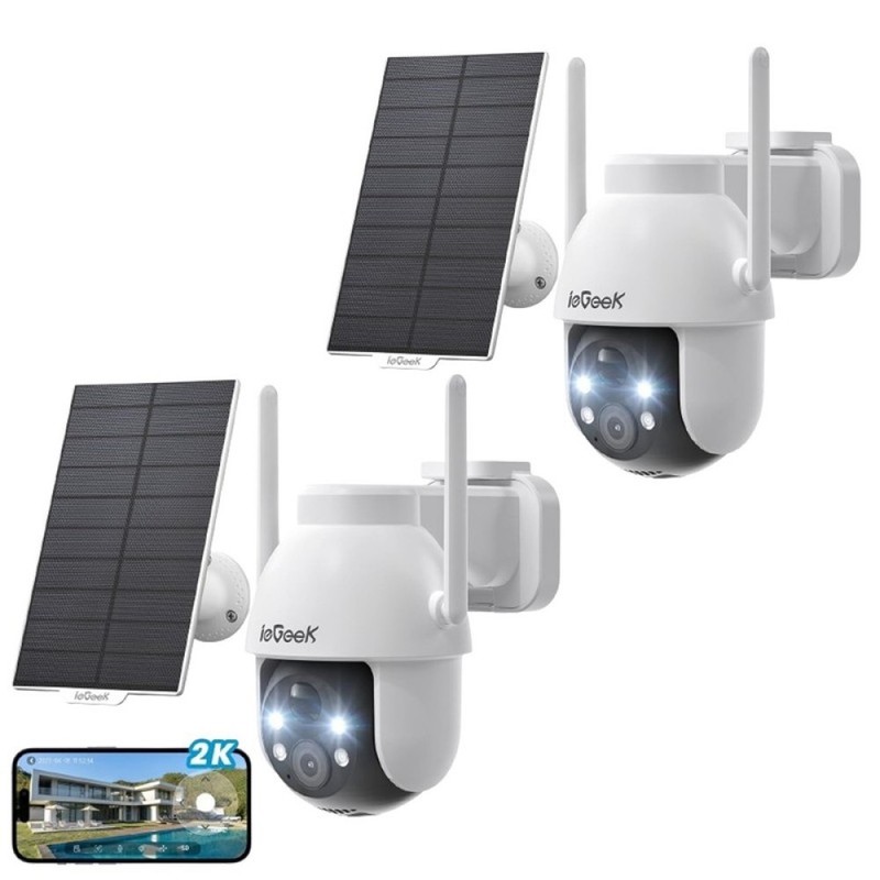 2 Pack Solar Security Camera Wireless Outdoor, 2K 360° PTZ Color Night Vision