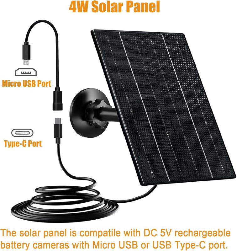 4W Solar Panel for Security Camera, USB-C & Micro USB Solar Charger gallery