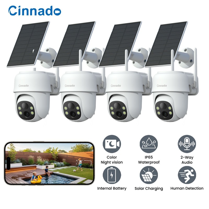 4Pack Wireless Solar Security Camera System 360° PTZ 3MP WIFI Outdoor Audio Cams