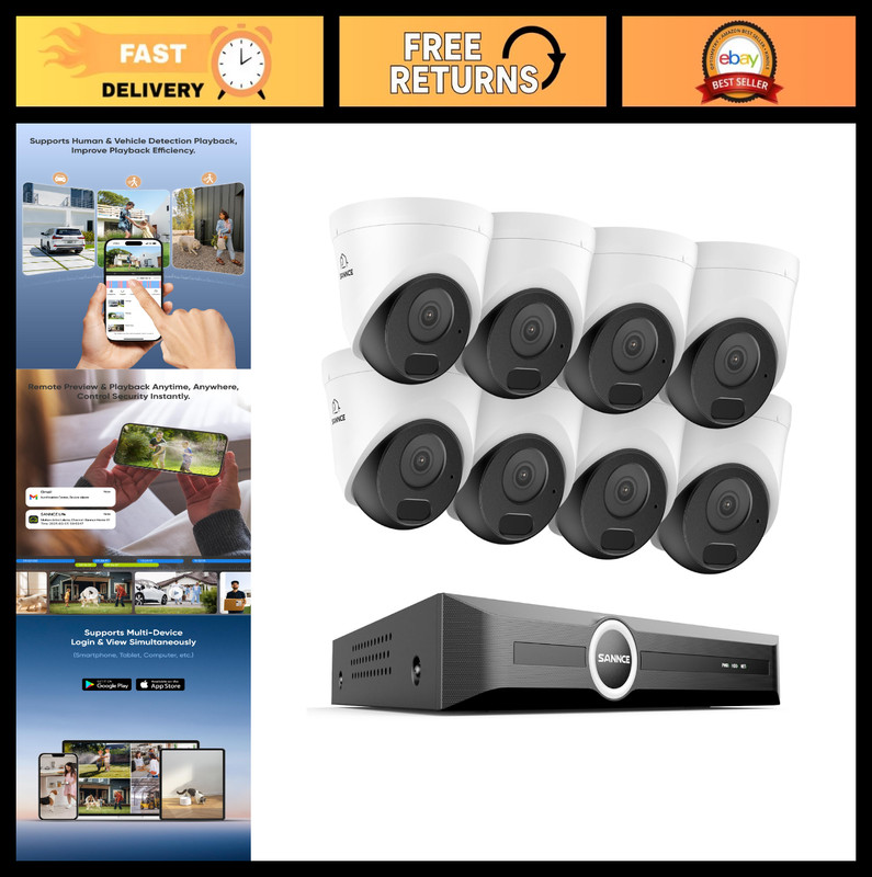 5MP PoE Security System, 8CH NVR with 8 Weatherproof Dome Cameras, H.265, Remote