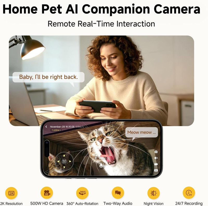 P0 Pet Camera: 2K 5MP AI Wireless Wifi Indoor Camera with 360° Pan-Tilt, Pet Beh gallery