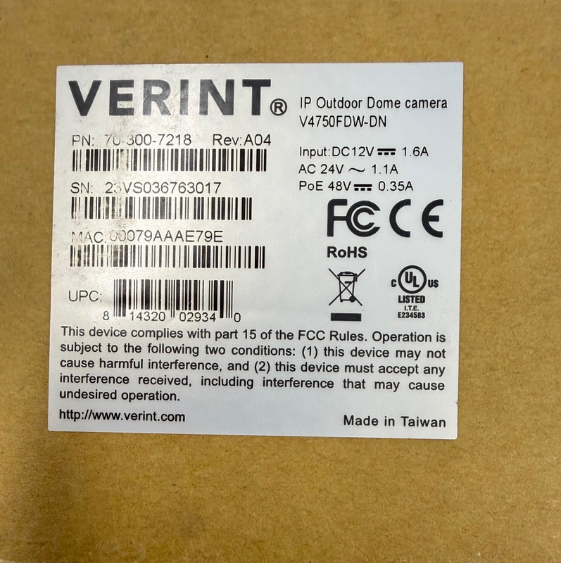 Verint V4750FDW-DN Outdoor Dome Camera 5MP
