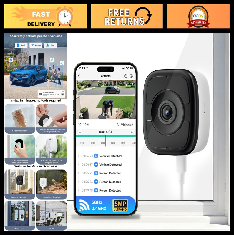 3K 5MP Indoor Window Camera – Night Vision, WiFi, AI Detection, 2-Way Audio, 24/