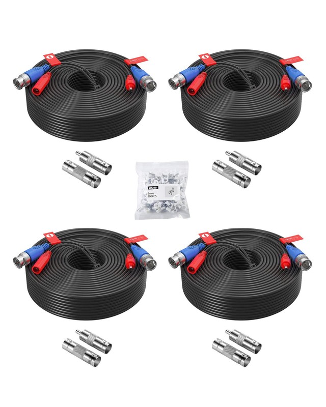 ZOSI 4 Pack 100ft(30M) All-in-One Video Power Cables,BNC 100FT, Black-100FT