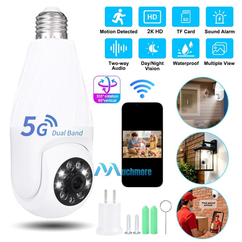 5G Bulb Cam 2K Full HD Outdoor PTZ Security Light Bulb Camera Color Night Vision