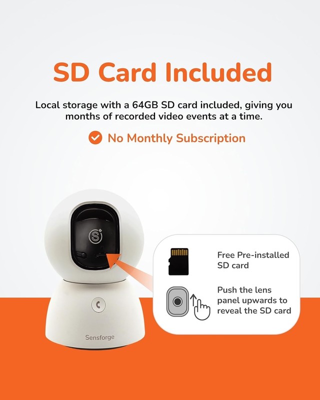 SensForge 2.5K 360° Pan-Tilt Wi-Fi Security Camera, AI Detection, 64GB SD gallery