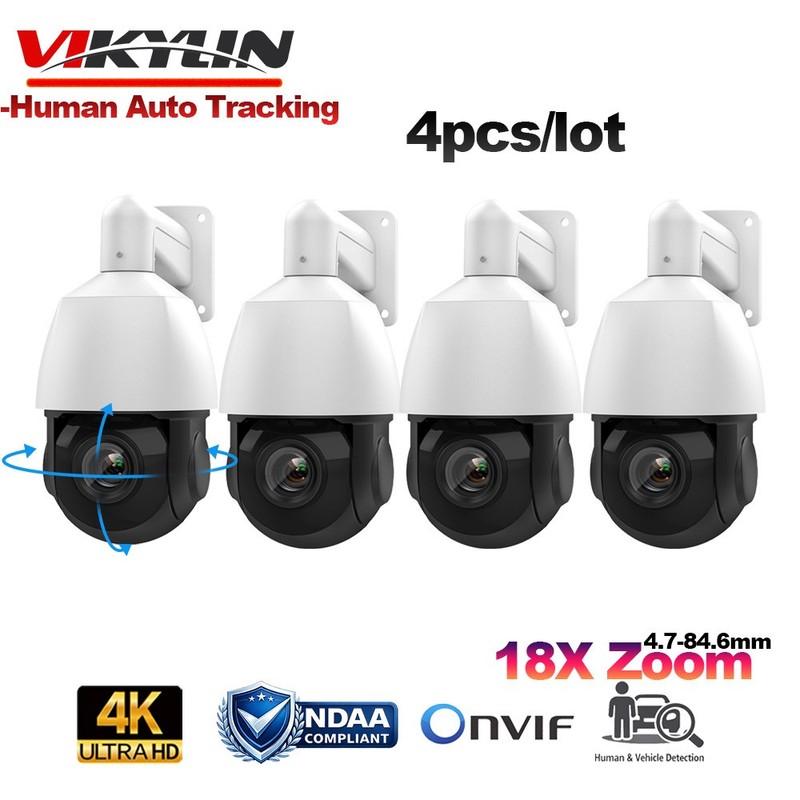 4pcs Vikylin 4K 8MP 360 degree 18X PTZ POE IP Camera IR Human Auto Tracking Mic