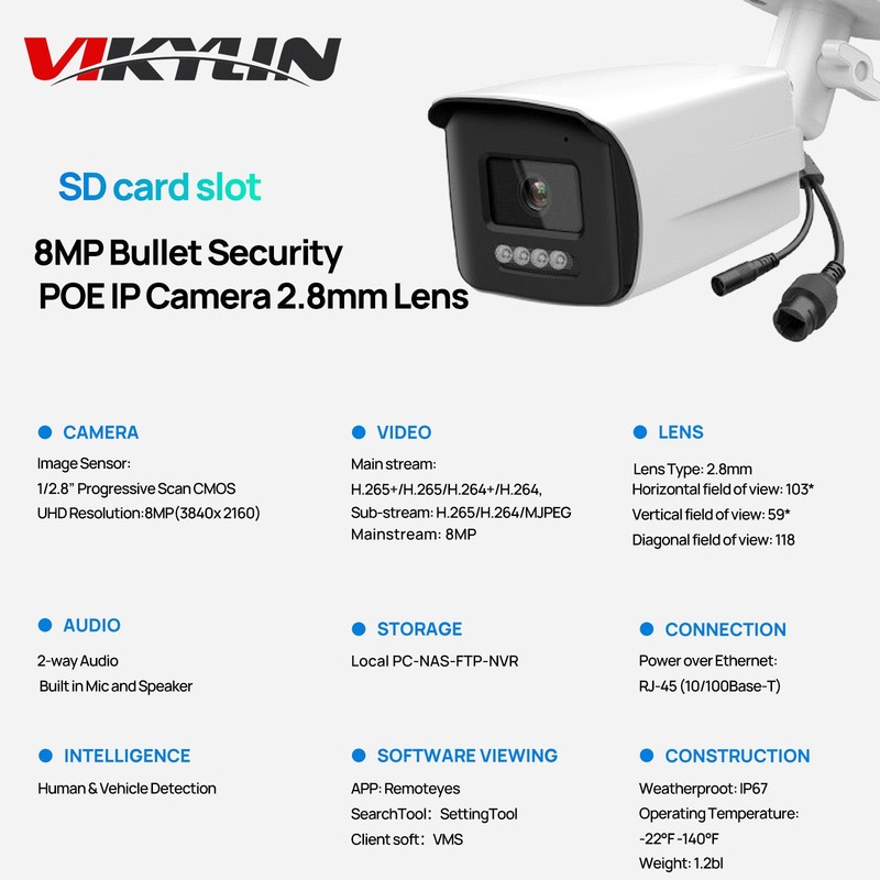 VIKYLIN Bullet POE IR 8MP Network security camera MIC Onvif Viewer Monitor Lot gallery