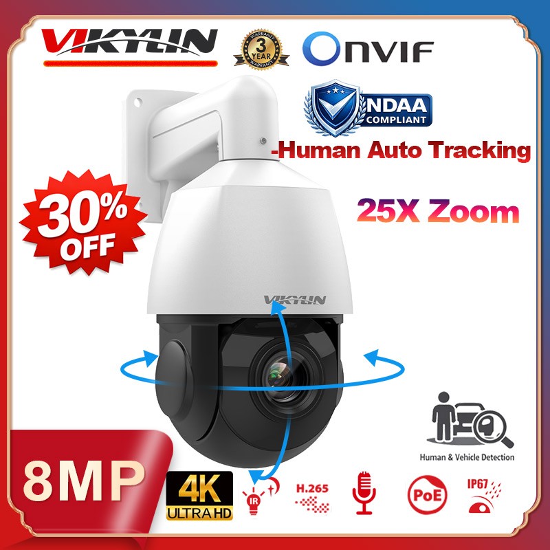 Vikylin 4K 8MP 25X PTZ 360 degree POE IP Camera Outdoor IR Audio Auto Tracking