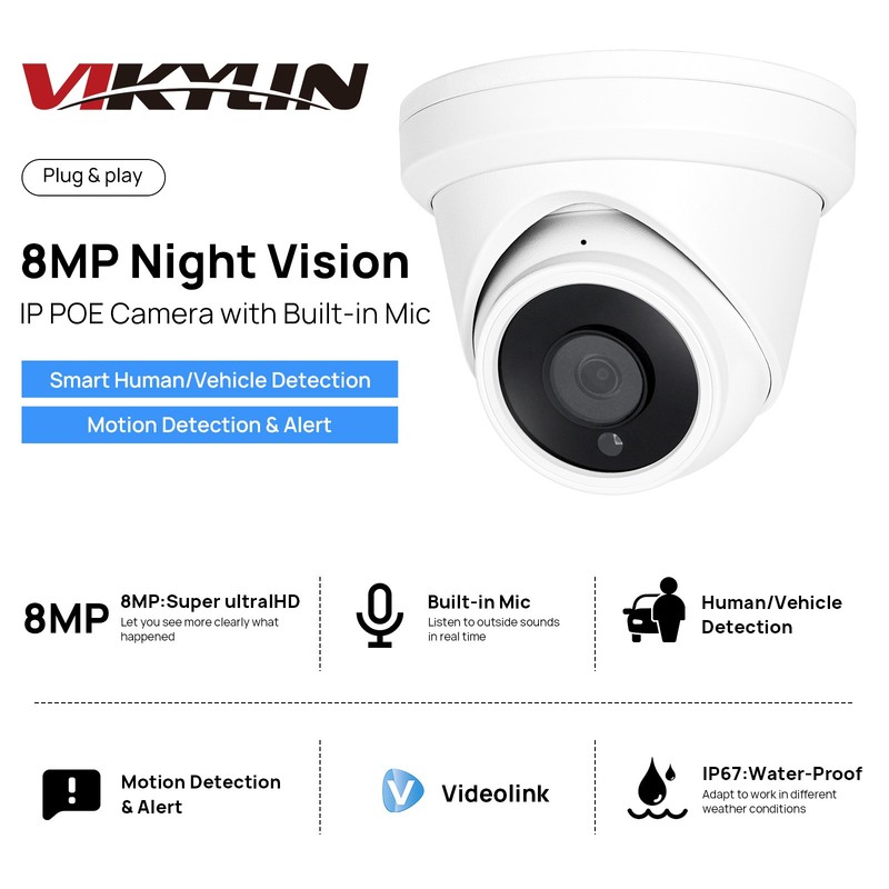 VIKYLIN Mini Turret POE IR 8MP Security CAMERA MIC Outdoor/Indoor Viewer Monitor gallery