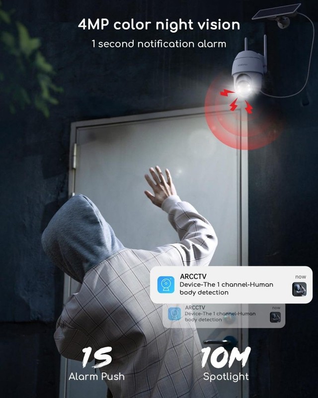 Solar Security Camera System 4 Cam-Kit, 4MP 360° PTZ Color Night Vision, IP65 gallery