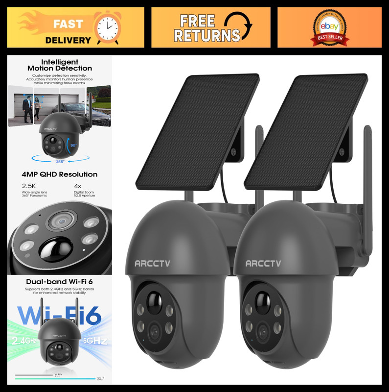 Wireless Solar Security Cameras 4MP 360° View, Night Vision, 2-Way Audio, PIR Se