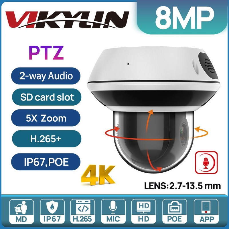 Vikylin 4K 8MP 5X Optical Zoom Dome PTZ IP Camera 2-way Audio IR 2.7-13.5mm Lens