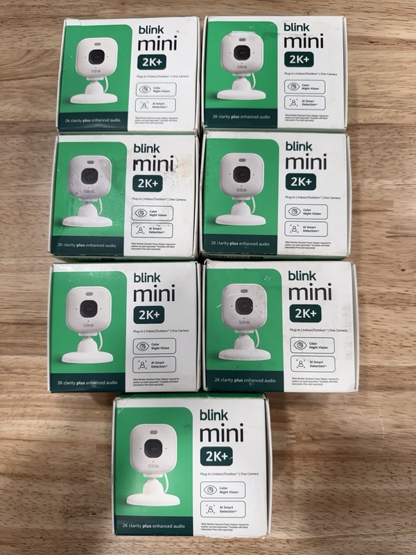 Lot Of 7. Blink Mini 2K+ (Newest) – Plug-In Home & Pet Indoor Security Camera.
