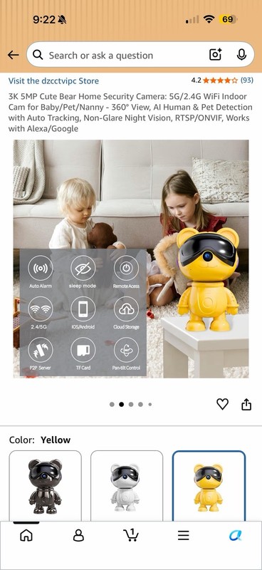 3K Cute Bear Wireless Indoor Security Camera Yellow Night Vision gallery