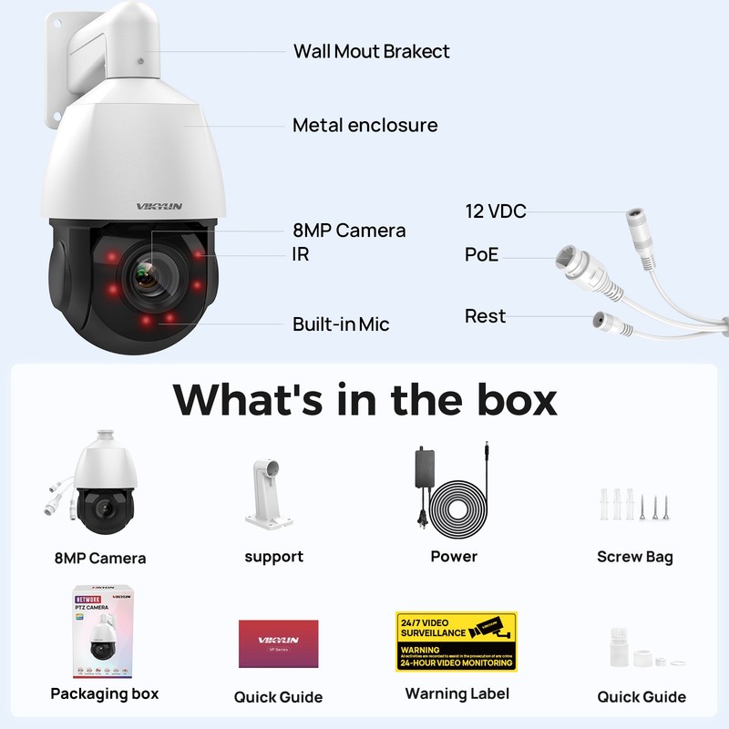 Vikylin 4K 8MP 25X PTZ 360 degree POE IP Camera Outdoor IR Audio Auto Tracking gallery