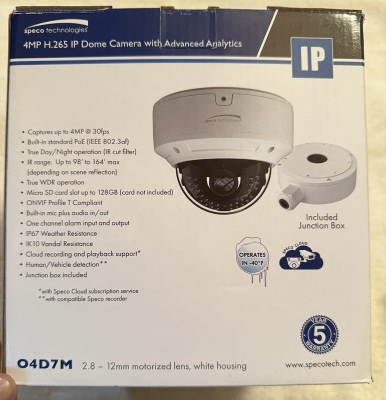 New In Box Speco 04D7M Dome Camera with Advanced Analytics