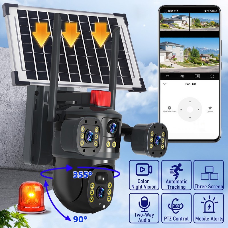 HD WiFi Solar Security Camera Outdoor 2 Lens Night Vision & Audio Home CCTV PTZ