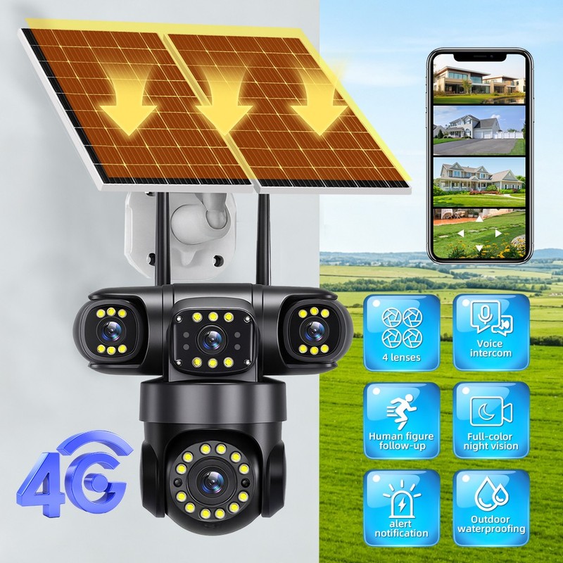 16MP 4G SIM Solar Security IP Camera 4 Lens PTZ CCTV Motion Detection Outdoor US