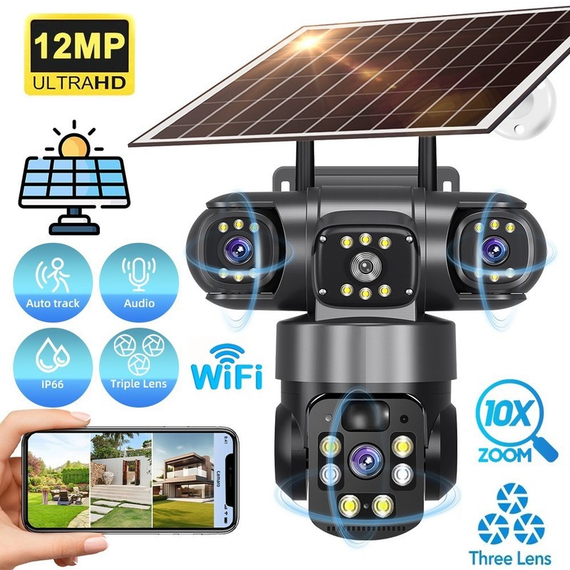 12MP 3 Lens Solar Security Camera Outdoor Wireless 4G CCTV Night Vision PIR Cam gallery