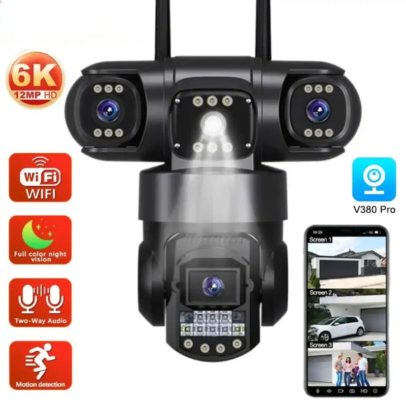 12MP WiFi IP Camera Three Screens Outdoor CCTV Auto Tracking Night Vision Video
